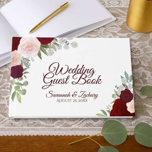Rustic Burgundy  Elegant Blommigt Boho Bröllop Gästböcker (Skapare uppladdad)