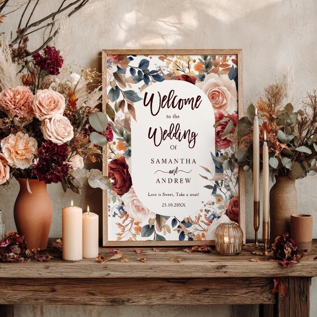 Rustic Burgundy Fall Blommigt Boho Bröllop Välkomm Poster (Rustic Burgundy Fall Floral Boho Wedding Welcome Poster)
