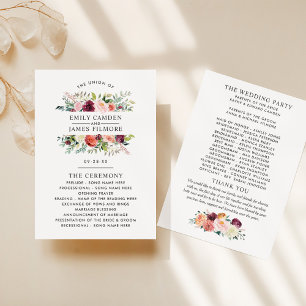 Rustic Burgundy  Fall Blommigt Bröllop Ceremony Program