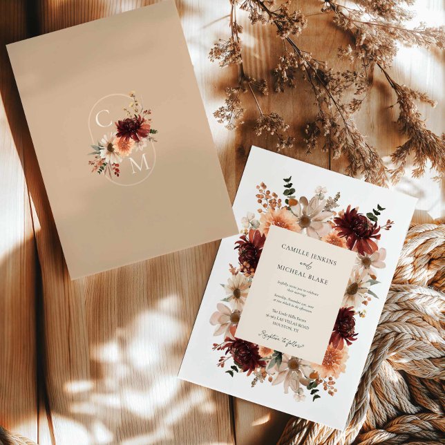 Rustic Burgundy Fall Blommigt Bröllop Inbjudningar (Fall Burgundy Floral Wedding Invitation)
