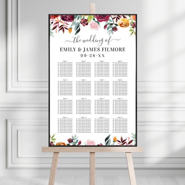 Rustic Burgundy Fall Blommigt Bröllop Sittplats Poster (Skapare uppladdad)