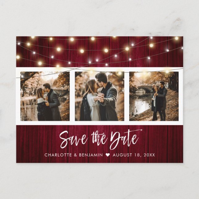 Rustic Burgundy Fall Wedding Photo Save Date Meddelande Vykort (Framsida)