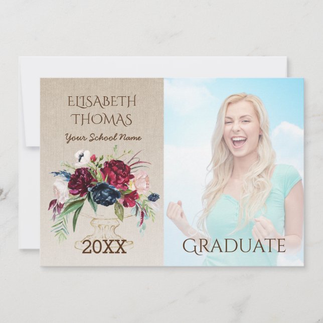 Rustic Burgundy Flowers Burlap Photo Studenten Inbjudningar (Framsida)