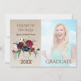Rustic Burgundy Flowers Burlap Photo Studenten Inbjudningar