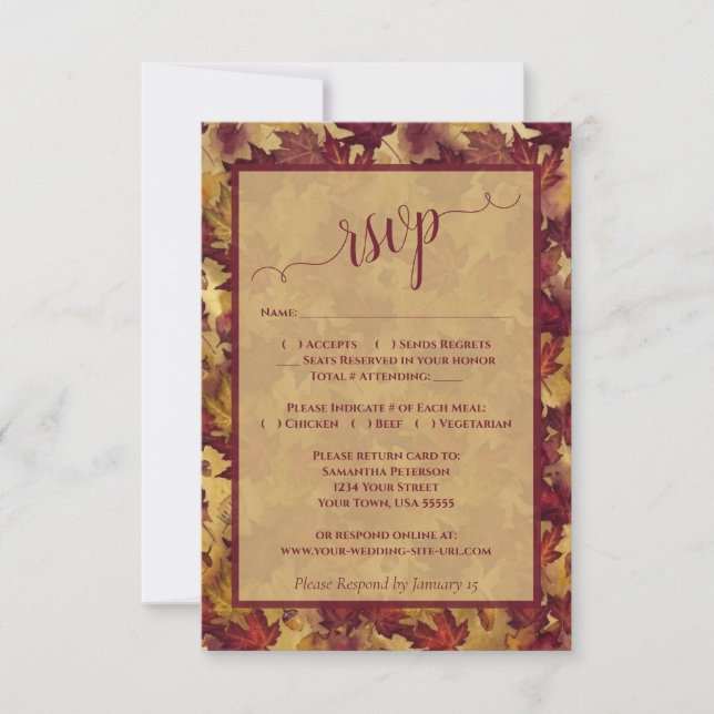 Rustic Burgundy & Gold Autumn Leaves Wedding OSA Kort (Framsida)