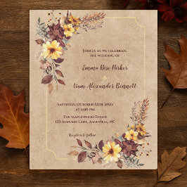 Rustic Burgundy Gult Blommigt Fall Wedding Inbjuda