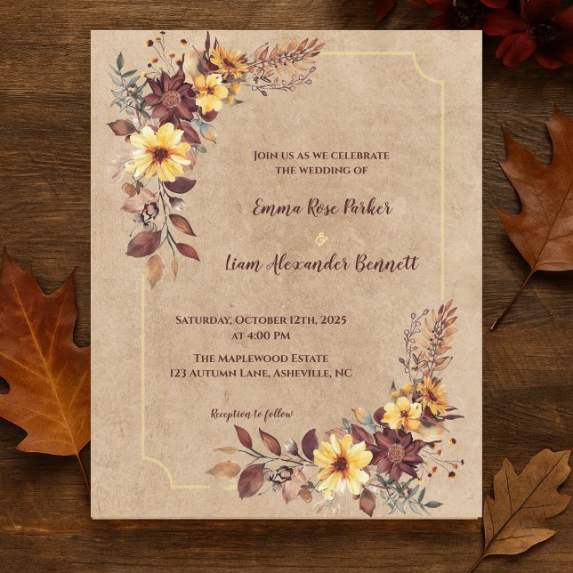 Rustic Burgundy Gult Blommigt Fall Wedding Inbjuda (Rustic Burgundy Yellow Floral Fall Wedding Invite)