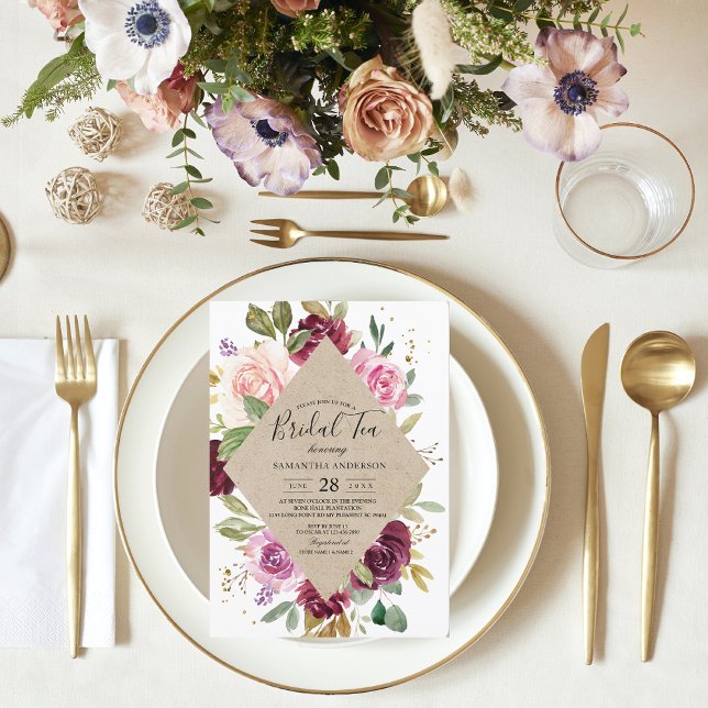 Rustic Burgundy Kraft Colorful Blommigt Ram Inbjudningar (Skapare uppladdad)