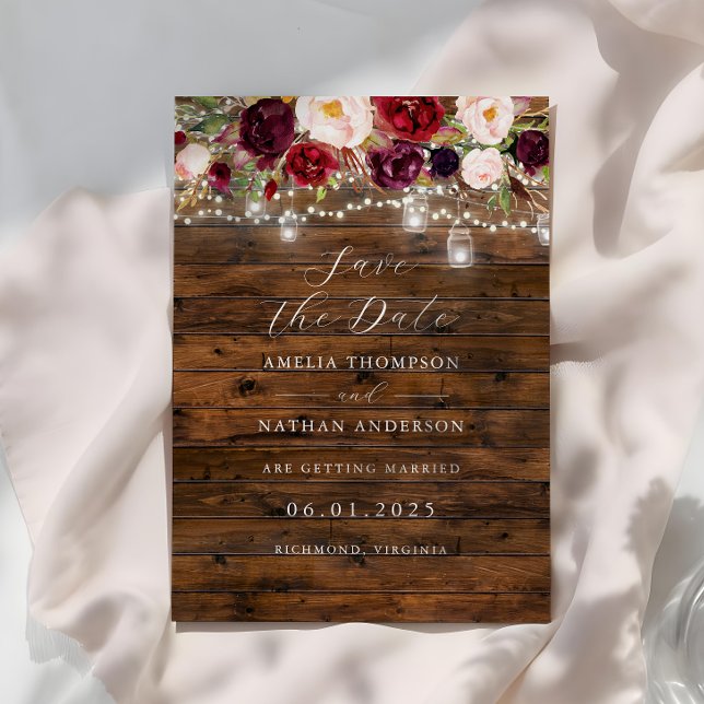 Rustic Burgundy Lights Wedding Save The Date Inbjudningar (Skapare uppladdad)