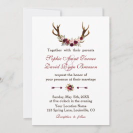 Rustic Burgundy Marsala Blommigt Antlers Bröllop Inbjudningar