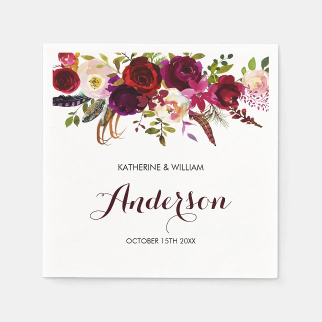 Rustic Burgundy Marsala Chic Blommigt Bröllop Pappersservett (Framsidan)