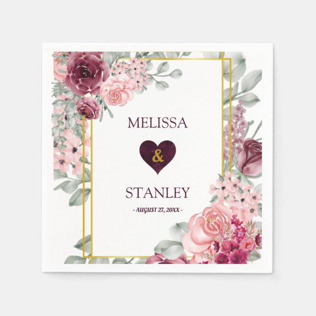 Rustic Burgundy Marsala och Rosa Blommigt Bröllop Pappersservett (Framsidan)