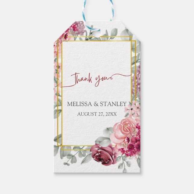 Rustic Burgundy Marsala och Rosa Blommigt Bröllop Presentetikett (Framsidan)