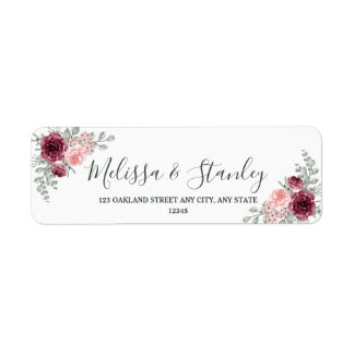 Rustic Burgundy Marsala och Rosa Blommigt Bröllop Returadress Etikett