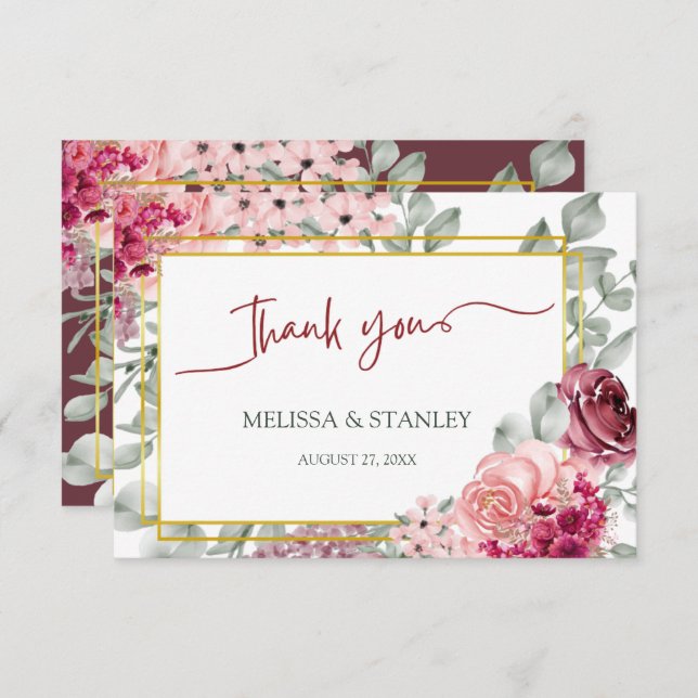 Rustic Burgundy Marsala och Rosa Blommigt Bröllop Tack Kort (Fram/baksida)