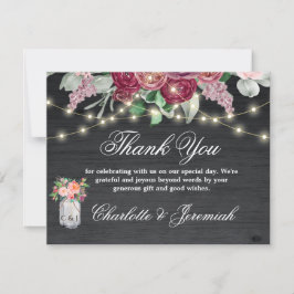 Rustic Burgundy Mason Burk String Ljus Bröllop Tack Kort