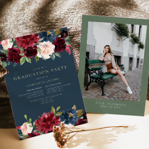 Rustic Burgundy & Navy Blommigt Greenery Studenten Inbjudningar
