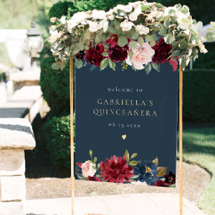 Rustic Burgundy & Navy Blommigt Quinceañera Välkom Poster