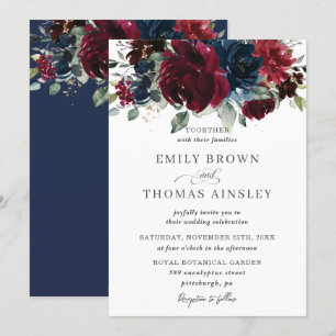 Rustic Burgundy Navy Blue Blommigt Greenery Bröllo Inbjudningar