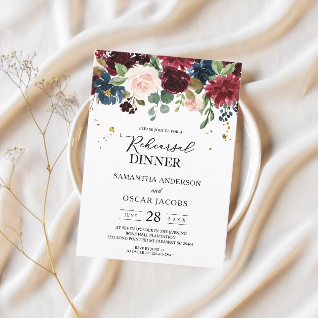 Rustic Burgundy Navy Blue & Red Beauty Flowers Inbjudningar (Skapare uppladdad)