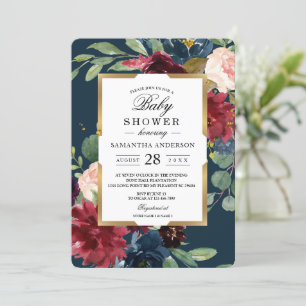 Rustic Burgundy Navy Blue & Red Blommigt Guld Ram Inbjudningar