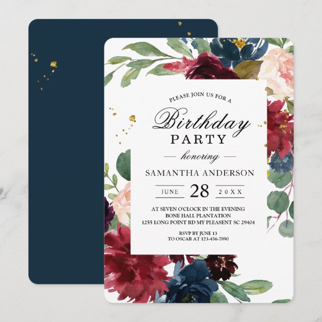 Rustic Burgundy Navy Blue & Red Blommigt Ram Inbjudningar (Fram/baksida)