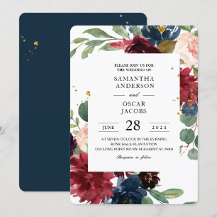 Rustic Burgundy Navy Blue & Red Blommigt Ram Inbjudningar