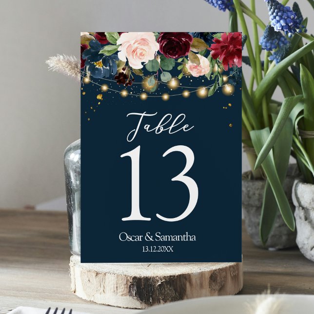 Rustic Burgundy Navy Blue & Red Flowers & Ljus Bordsnummer (Skapare uppladdad)