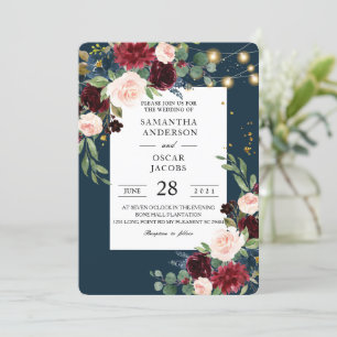 Rustic Burgundy Navy Blue & Red Flowers & Ljus Inbjudningar