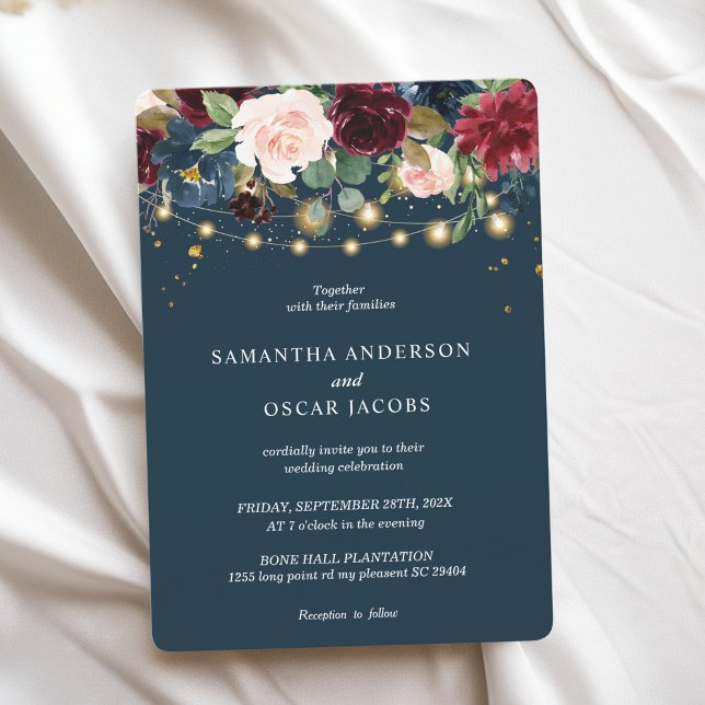 Rustic Burgundy Navy Blue & Red Flowers & Ljus Inbjudningar (Skapare uppladdad)