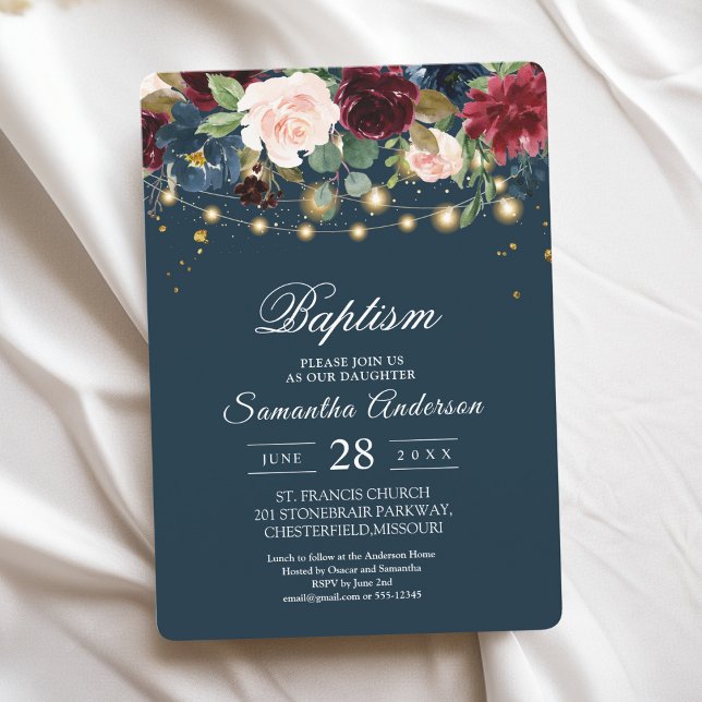 Rustic Burgundy Navy Blue & Red Flowers & Ljus Inbjudningar (Skapare uppladdad)
