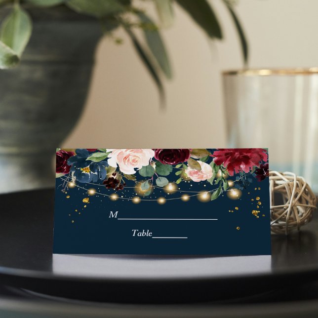 Rustic Burgundy Navy Blue & Red Flowers & Ljus Placeringskort (Skapare uppladdad)