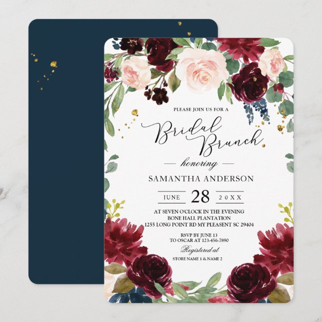 Rustic Burgundy Navy Blue & Red Flowers Ram Inbjudningar (Fram/baksida)