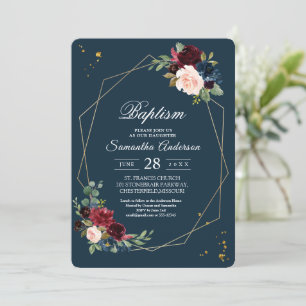 Rustic Burgundy Navy Blue & Red Guld Flowers Ram Inbjudningar