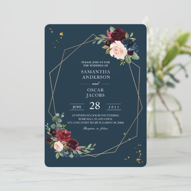 Rustic Burgundy Navy Blue & Red Guld Flowers Ram Inbjudningar (Stående Fram)