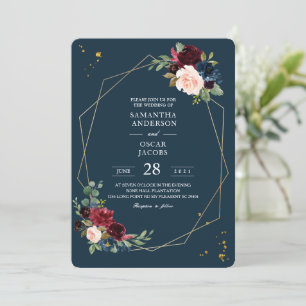 Rustic Burgundy Navy Blue & Red Guld Flowers Ram Inbjudningar