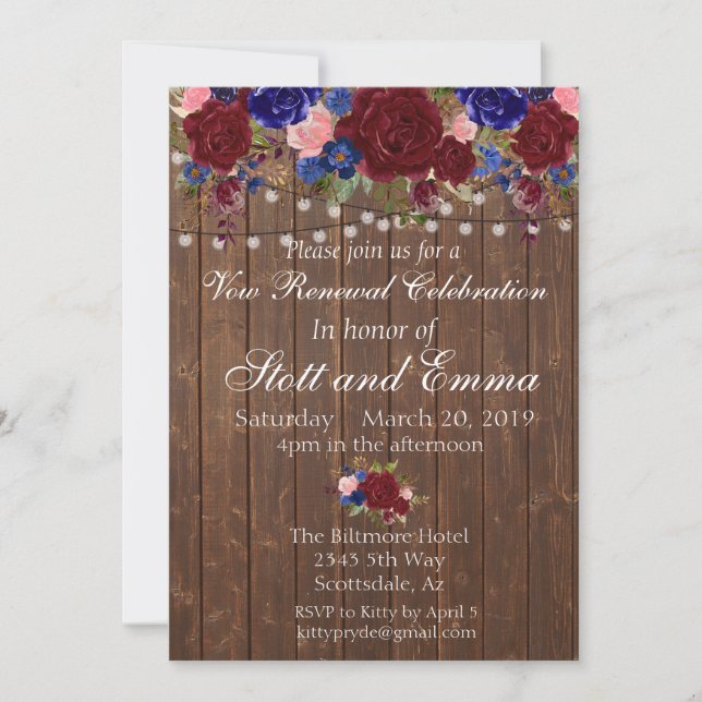 Rustic Burgundy Navy Wood Vow Renewal Flower Inbjudningar (Framsida)