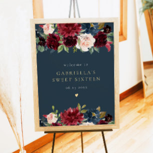 Rustic Burgundy och Navy Blommigt Sweet 16 Välkomm Poster