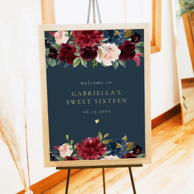 Rustic Burgundy och Navy Blommigt Sweet 16 Välkomm Poster (Skapare uppladdad)