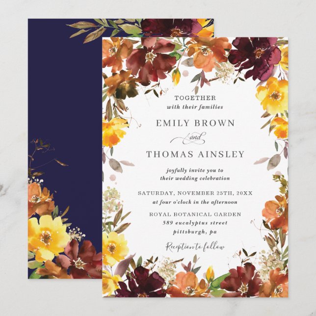 Rustic Burgundy Orange Gult Blommigt Fall Wedding Inbjudningar (Fram/baksida)