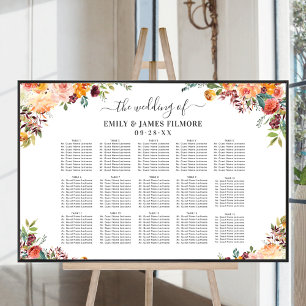 Rustic Burgundy Peach Fall Blommigt Bröllop Sittpl Poster