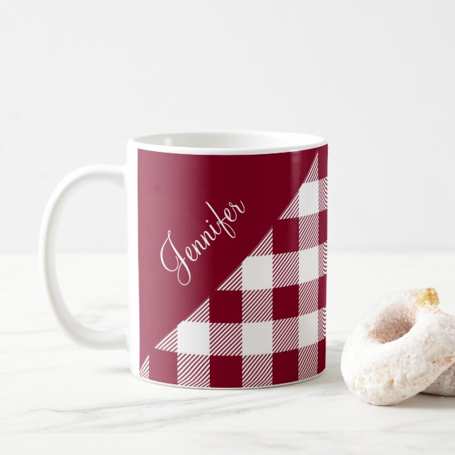 Rustic Burgundy Pput Check Mönster Namn Kaffemugg (Med munk)