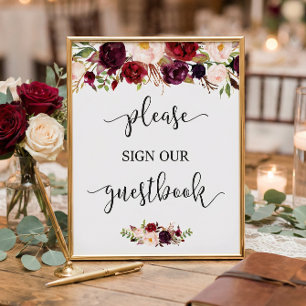 Rustic Burgundy Red Blommigt Guestbook Bröllop Poster