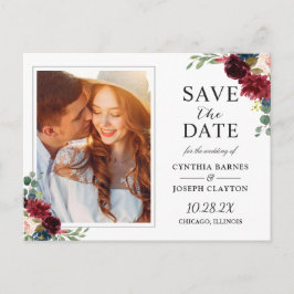 Rustic Burgundy Red Blommigt Photo Save Date Vykort