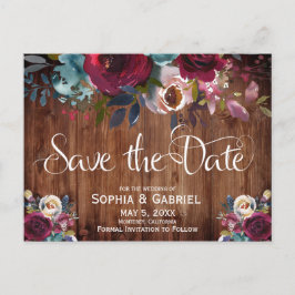 Rustic Burgundy Red Navy Blommigt Wood Save Date Meddelande Vykort
