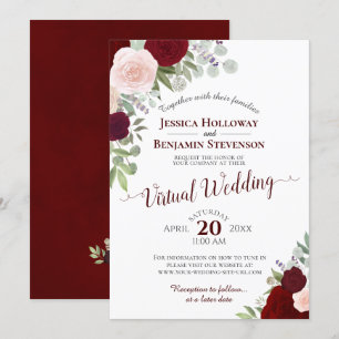 Rustic Burgundy Red & Rosa Blommigt Virtuellare Br Inbjudningar