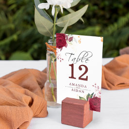 Rustic Burgundy Red Rose Floral Wedd  Table Number Bordsnummer