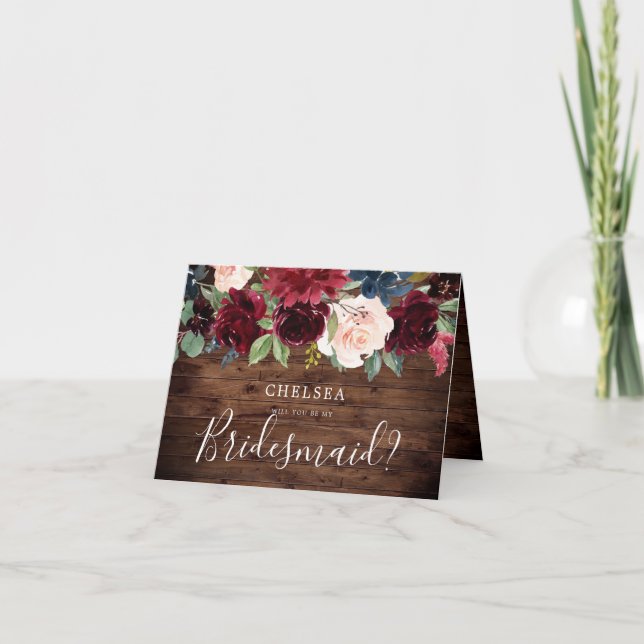 Rustic Burgundy Red Vin Flowers Bridesmaid Card Kort (Framsida)