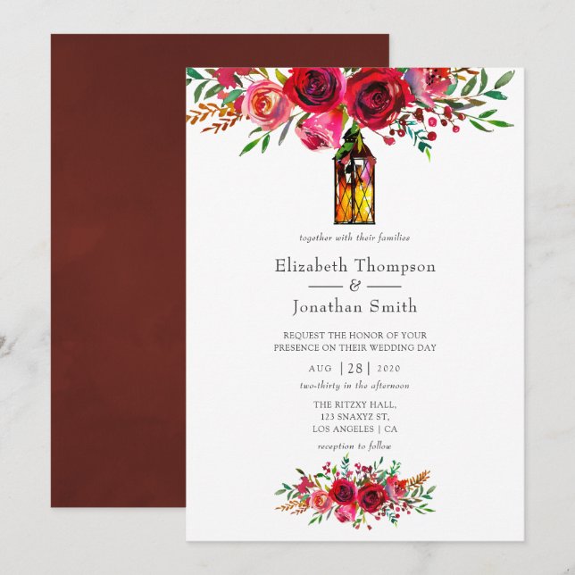 Rustic Burgundy Red Watercolor Blommigt Bröllop Inbjudningar (Fram/baksida)