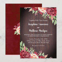 Rustic Burgundy Ro Watercolor Blommigt Bröllop Inbjudningar